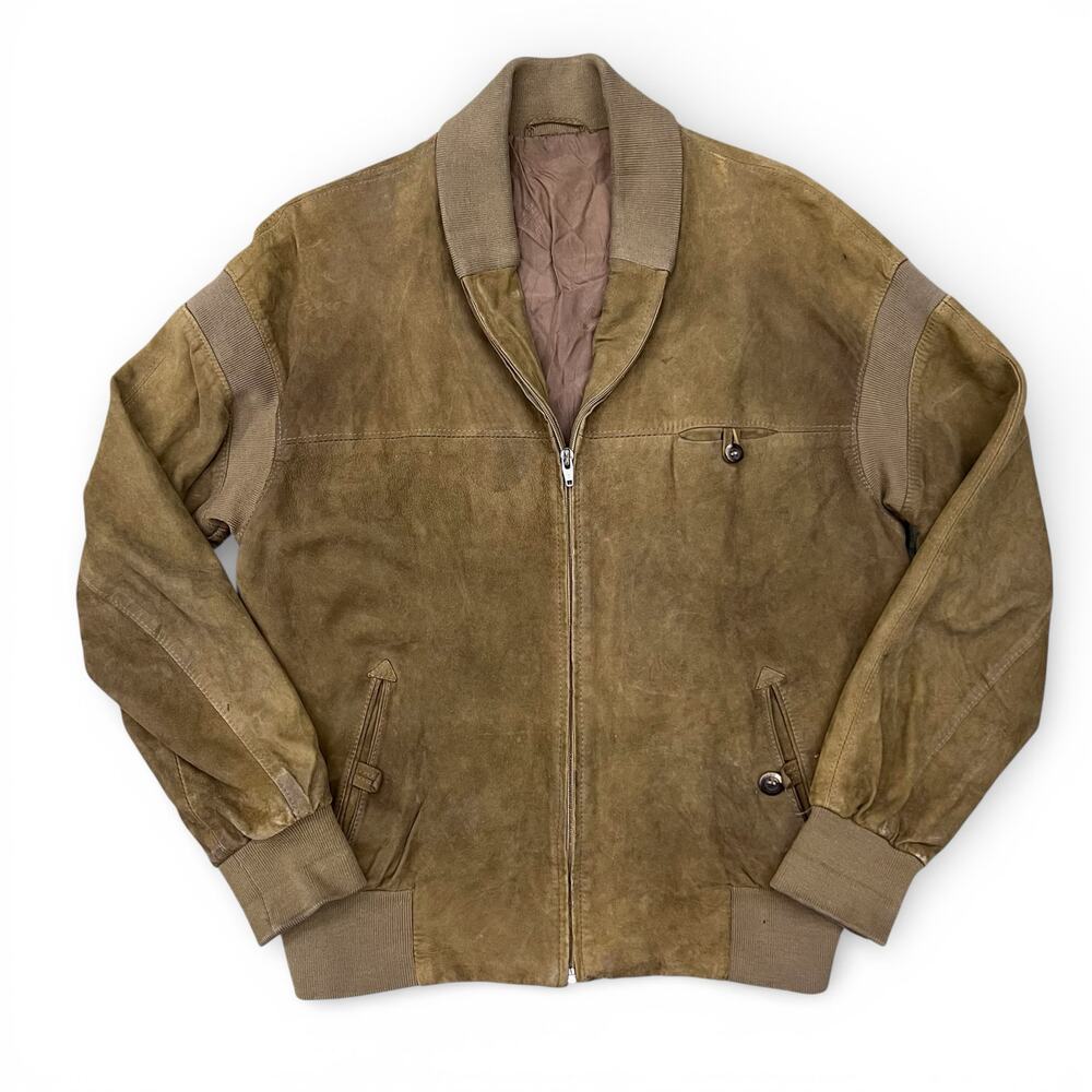 Vintage Suede Leather Bomber Jacket Knit Shawl Collar Light Brown Patina Size M - Picture 2 of 16